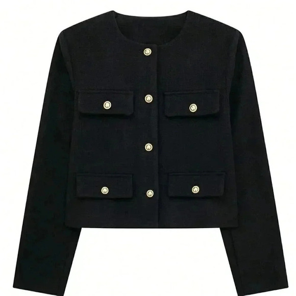 Black Elegant Women's Casual Tweed Jacket Decorated Long Sleeve Coat - Picture 7 of 8